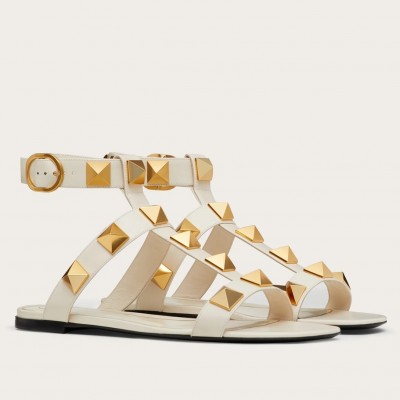 Valentino Roman Stud Flat Sandals In White Calfskin TDSS14278