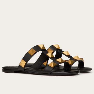 Valentino Roman Stud Flat Slides In Black Calfskin TDSS14279