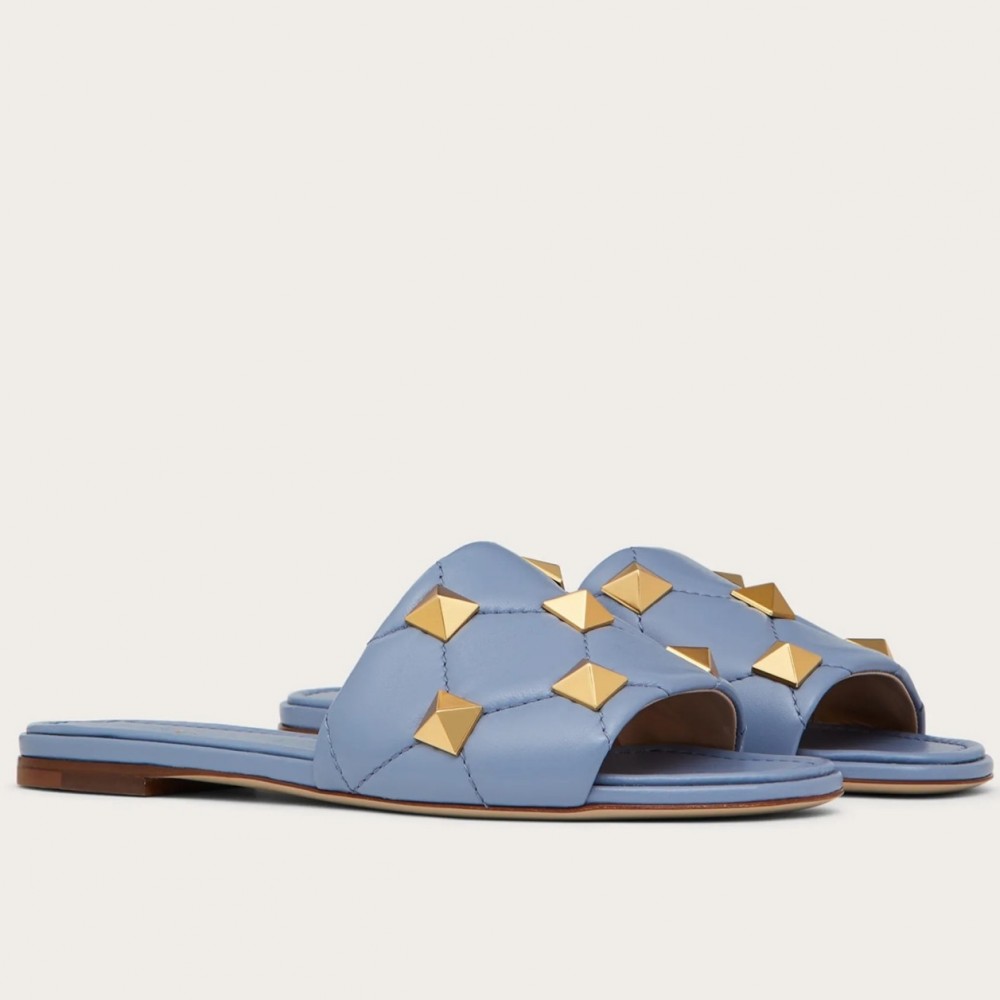 Valentino Roman Stud Flat Slides In Blue Quilted Nappa TDSS14280