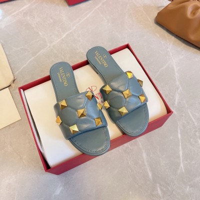 Valentino Roman Stud Flat Slides In Blue Quilted Nappa TDSS14280