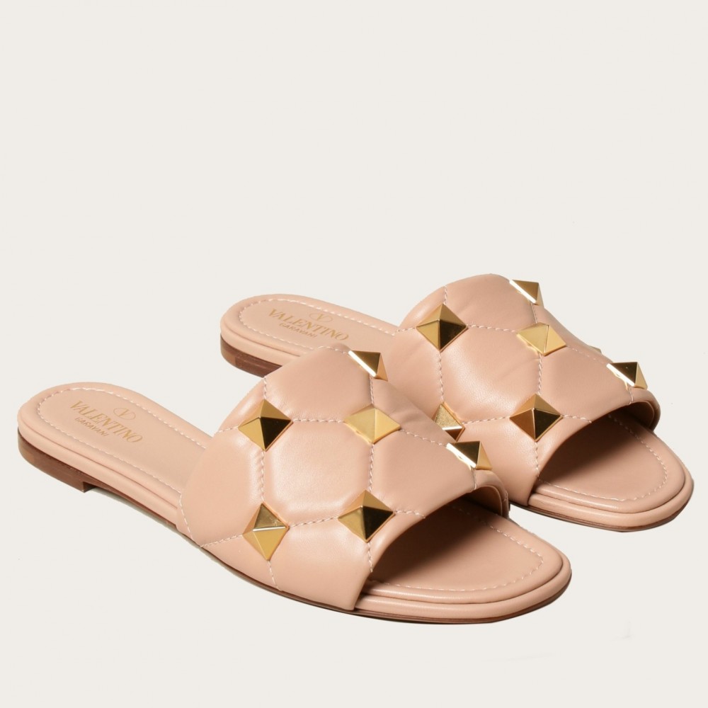 Valentino Roman Stud Flat Slides In Powder Quilted Nappa TDSS14281