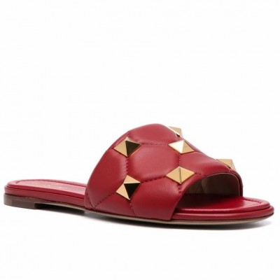 Valentino Roman Stud Flat Slides In Red Quilted Nappa TDSS14282