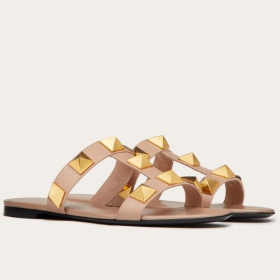 Valentino Roman Stud Flat Slides In Rose Cannelle Calfskin TDSS14283