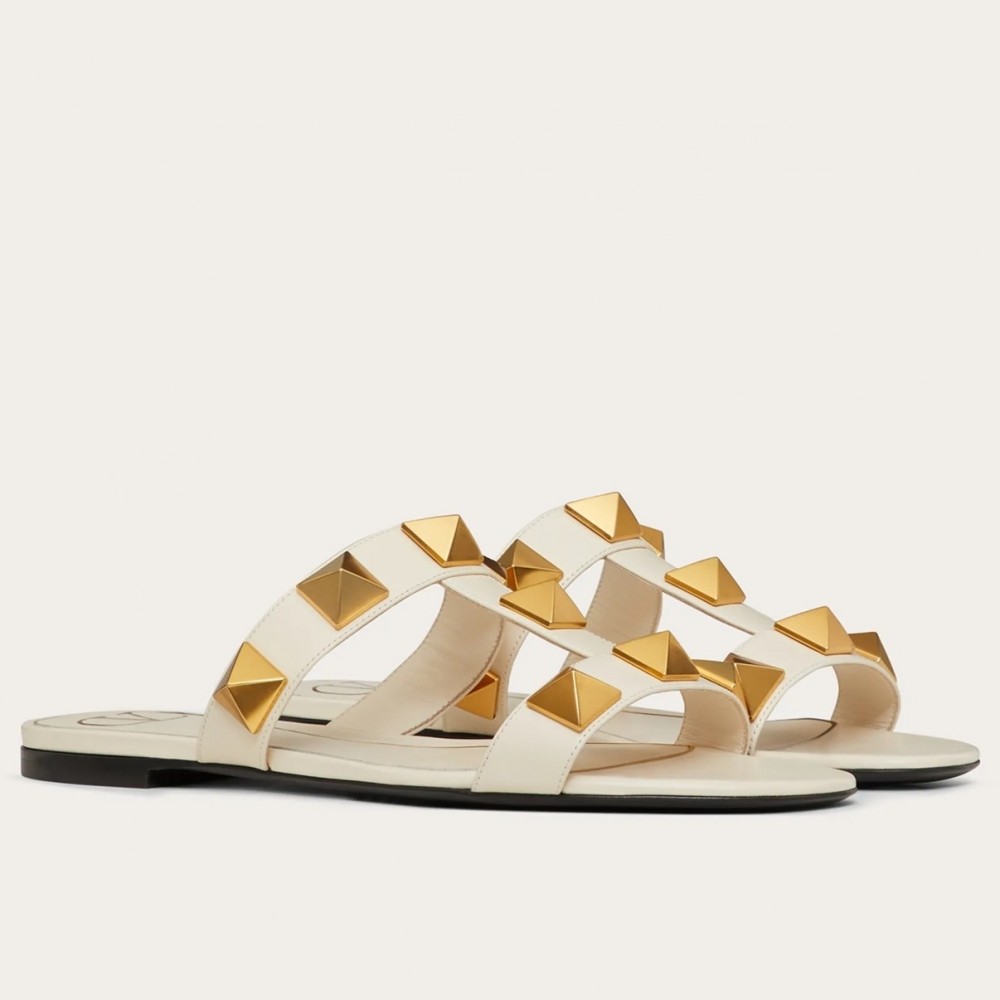 Valentino Roman Stud Flat Slides In White Calfskin TDSS14284