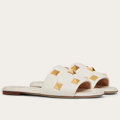 Valentino Roman Stud Flat Slides In White Quilted Nappa TDSS14285