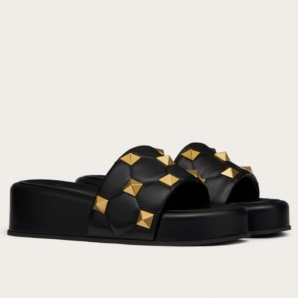 Valentino Roman Stud Flatform Slides In Black Nappa Leather TDSS14286