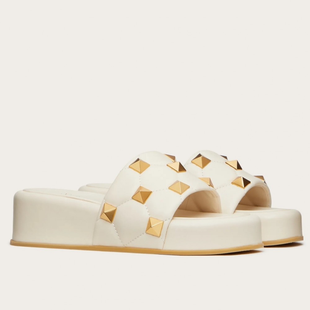 Valentino Roman Stud Flatform Slides In White Nappa Leather TDSS14287