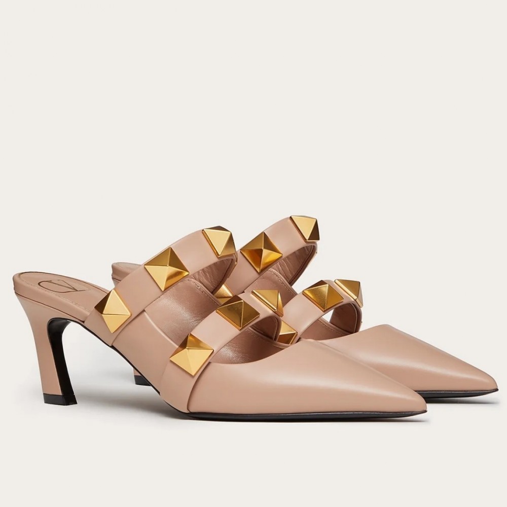 Valentino Roman Stud Mules 65mm In Beige Calfskin TDSS14288