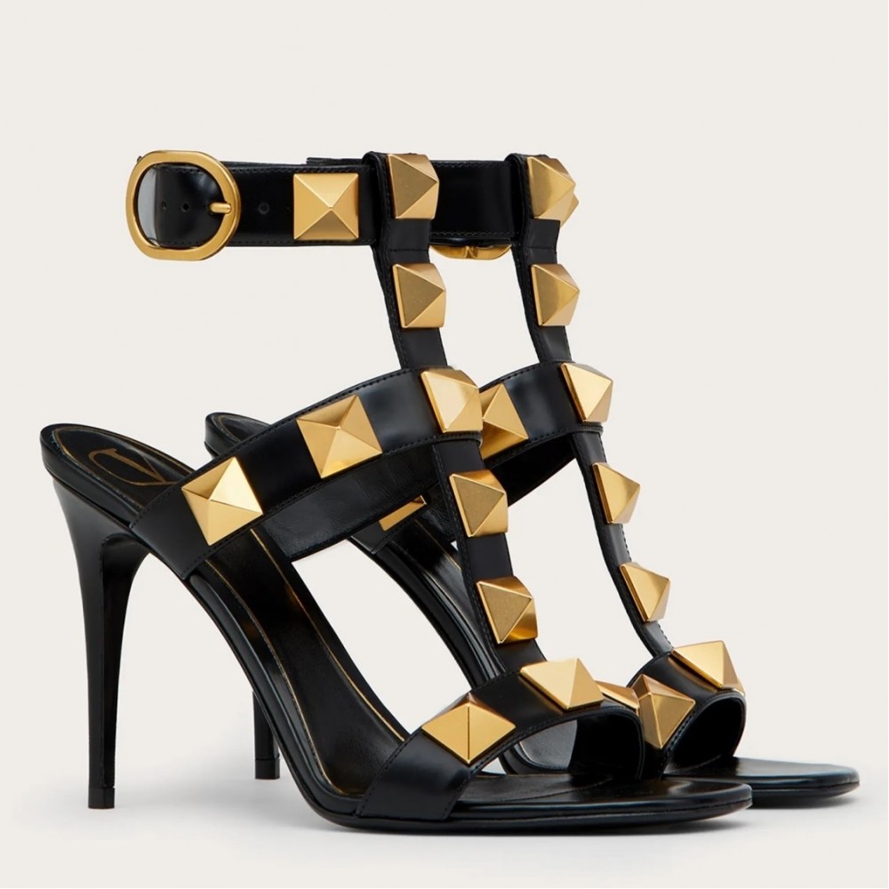 Valentino Roman Stud Sandals 100mm In Black Calfskin TDSS14297