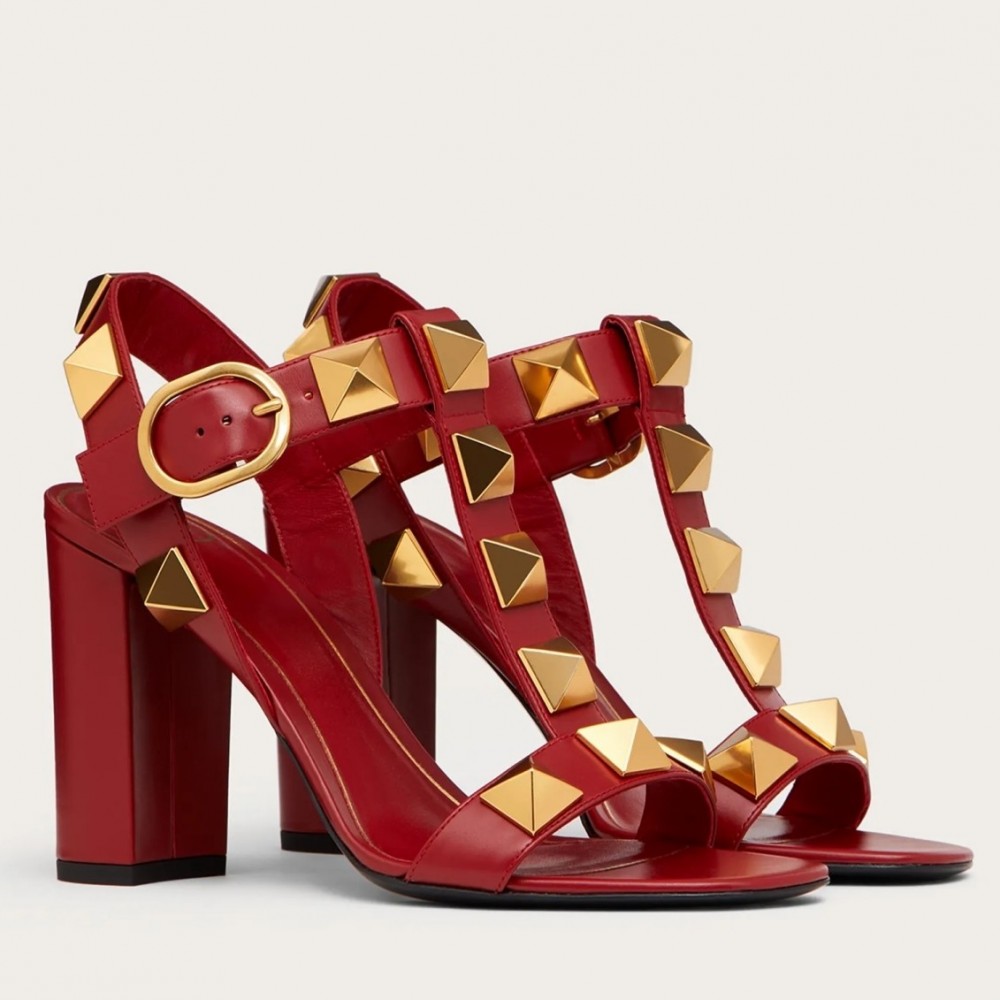 Valentino Roman Stud Sandals 90mm In Red Calfskin TDSS14300