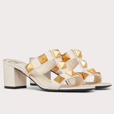 Valentino Roman Stud Slide Sandals 60mm In White Calfskin TDSS14303