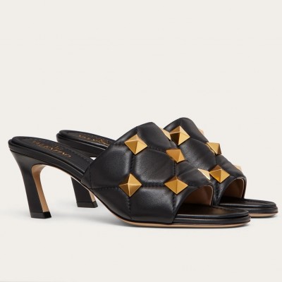 Valentino Roman Stud Slide Sandals 65mm In Black Leather TDSS14305