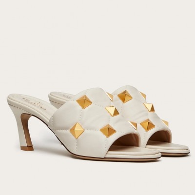 Valentino Roman Stud Slide Sandals 65mm In White Lambskin TDSS14306