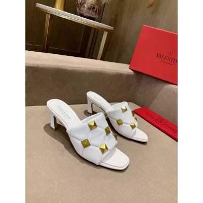 Valentino Roman Stud Slide Sandals 65mm In White Lambskin TDSS14306