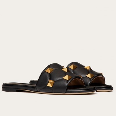 Valentino Roman Stud Slide Sandals In Black Nappa Leather TDSS14307