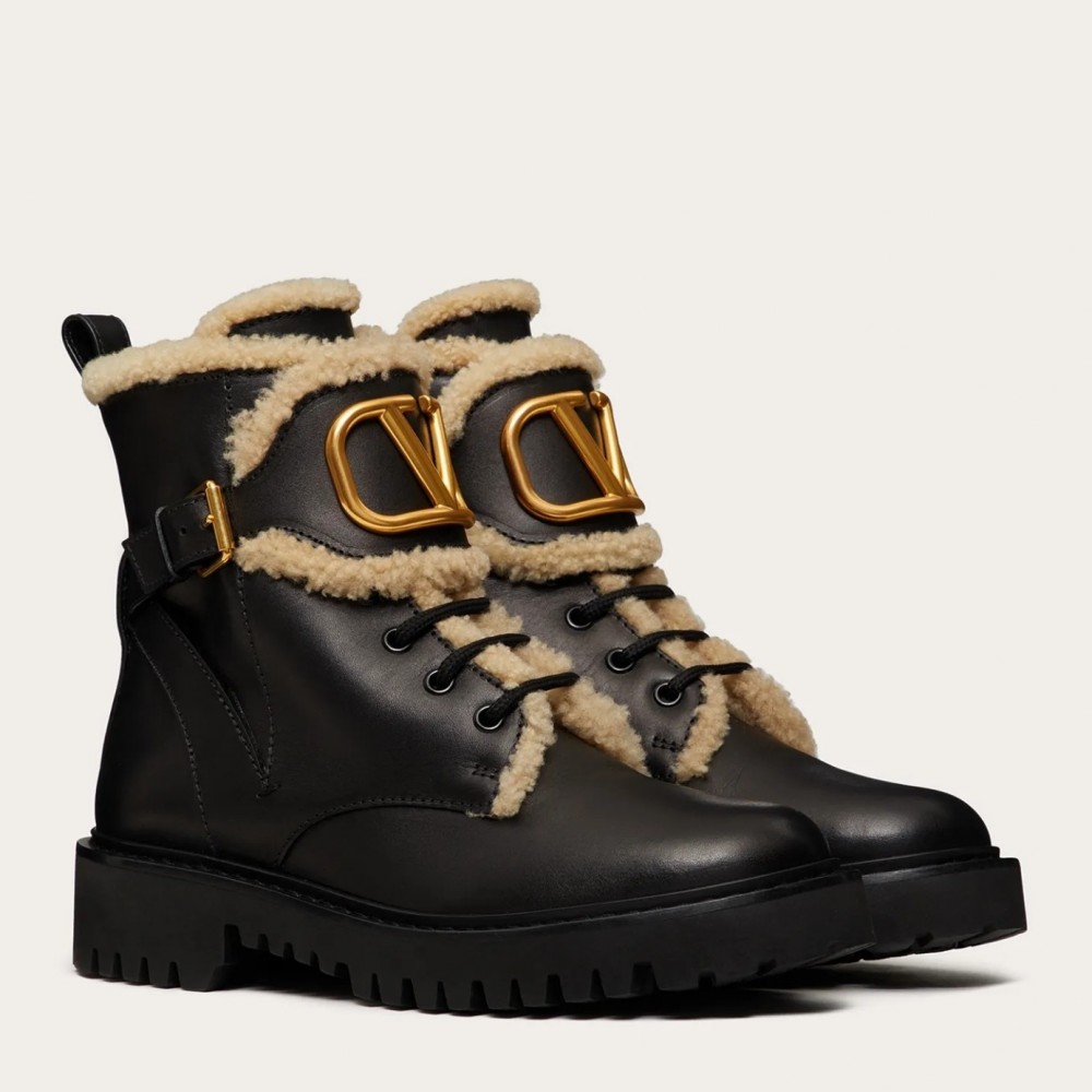 Valentino VLogo Combat Boots In Calfskin and Shearling TDSS14333