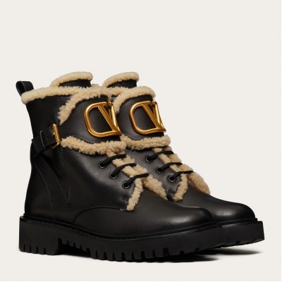 Valentino VLogo Combat Boots In Calfskin and Shearling TDSS14333