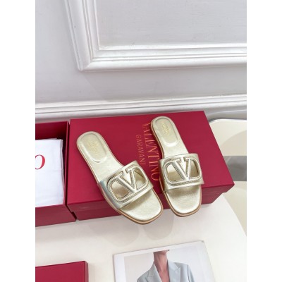 Valentino VLogo Cut-out Slide Sandals in Gold Metallic Leather TDSS14342