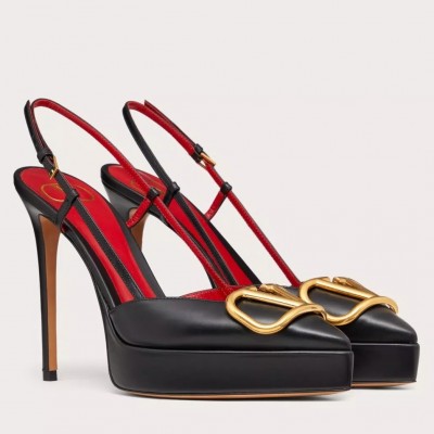 Valentino VLogo Signature Slingback Platform Pumps 120mm In Black Calfskin TDSS14365