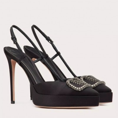 Valentino VLogo Signature Slingback Platform Pumps 120mm In Black Satin TDSS14366