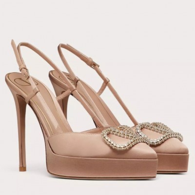 Valentino VLogo Signature Slingback Platform Pumps 120mm In Nude Satin TDSS14367