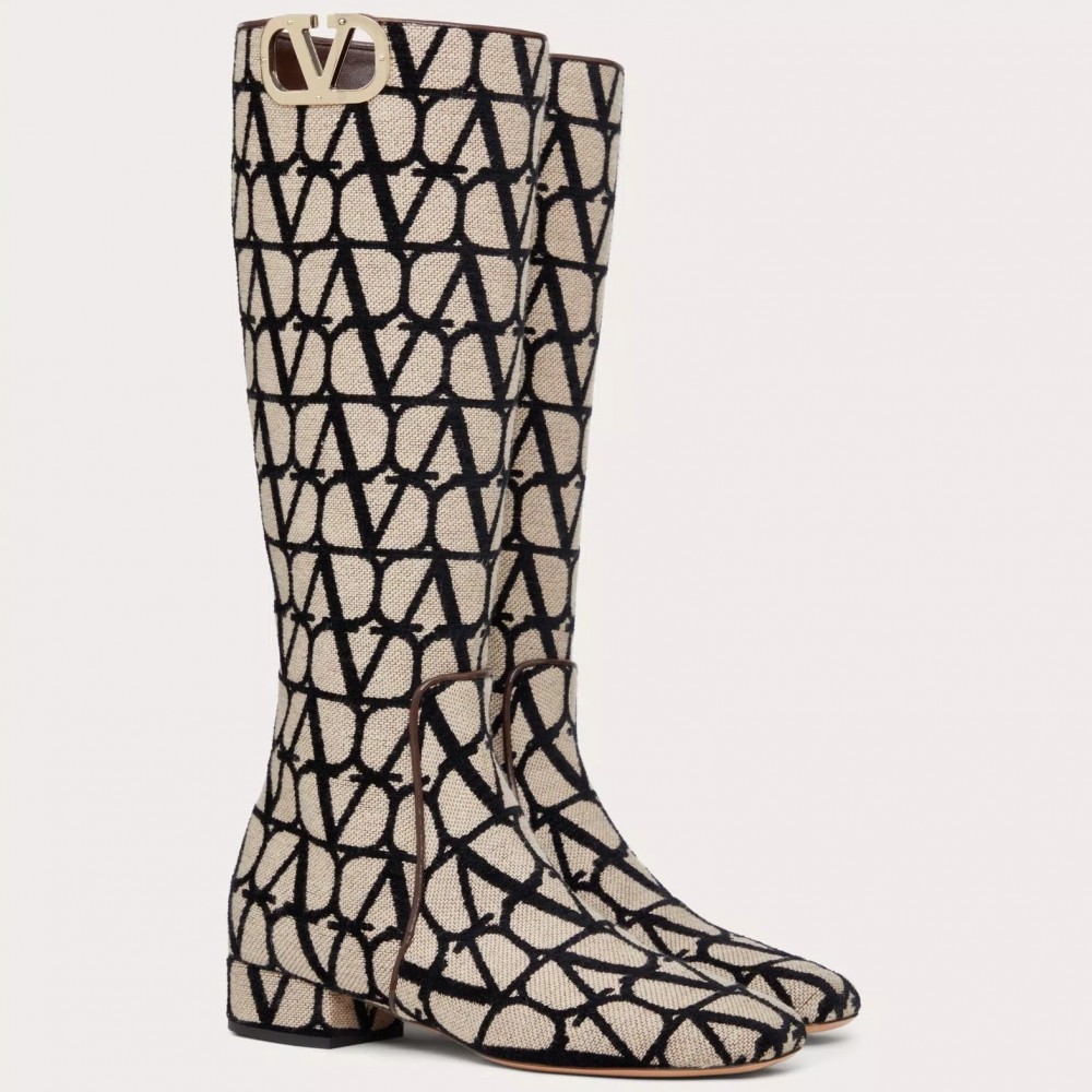 Valentino VLogo Type Knee Boots in Black Toile Iconographe fabric TDSS14382