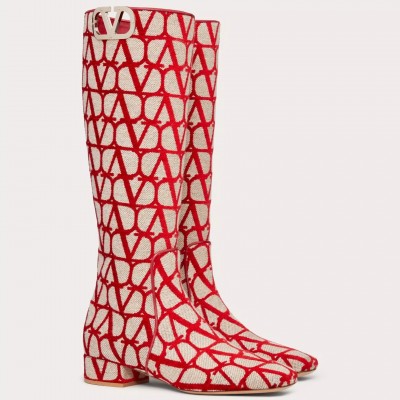 Valentino VLogo Type Knee Boots in Red Toile Iconographe fabric TDSS14383