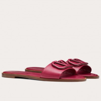 Valentino Vlogo Flat Slide Sandals In Red Calfskin TDSS14346