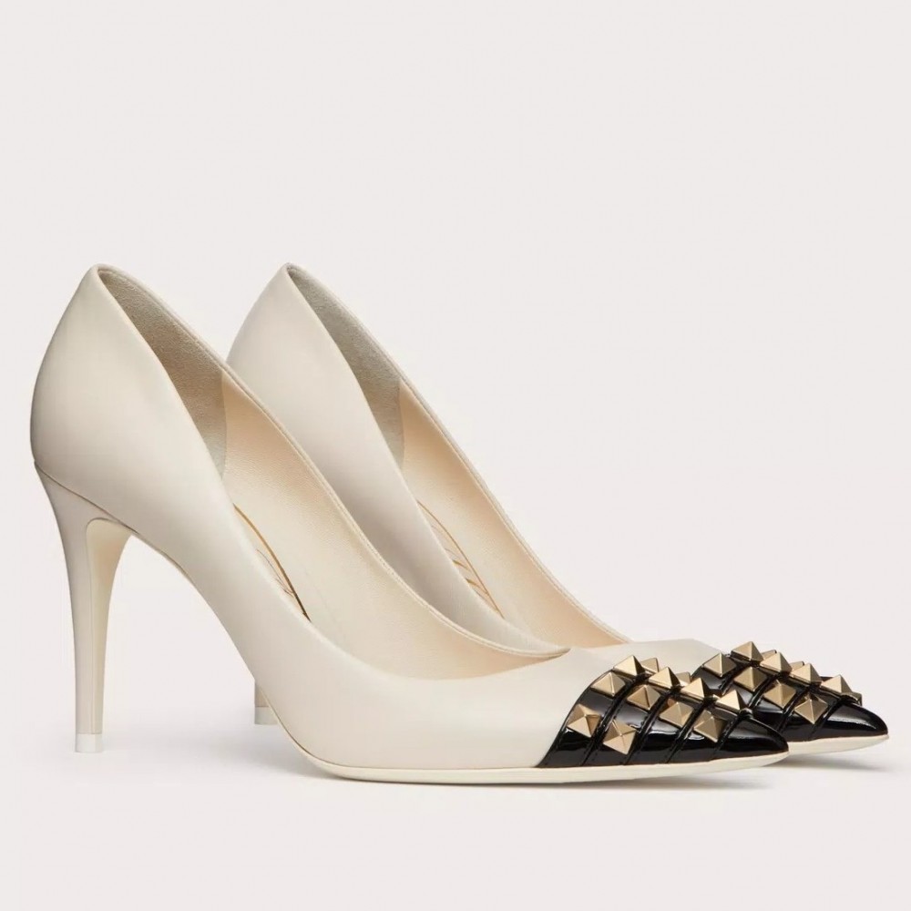 Valentino White Rockstud Pump 90mm with Black Patent Toe Cap TDSS14390