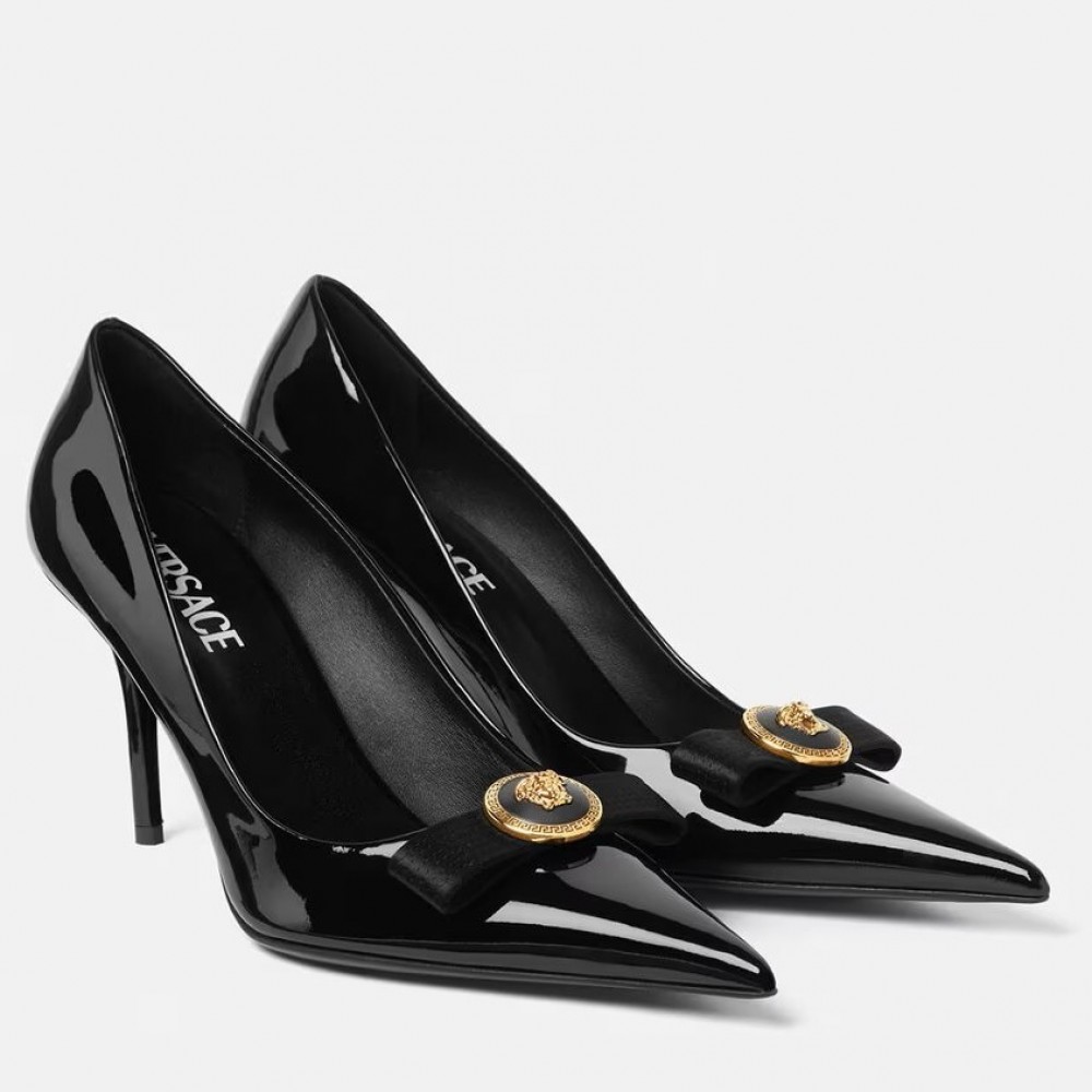 Versace Gianni Ribbon Pumps 80mm In Black Patent Leather TDSS14420