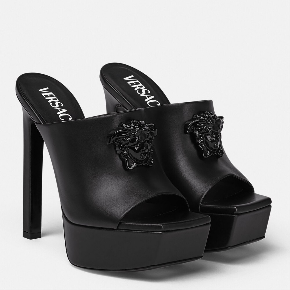 Versace La Medusa Platform Mules In Black Calfskin TDSS14422