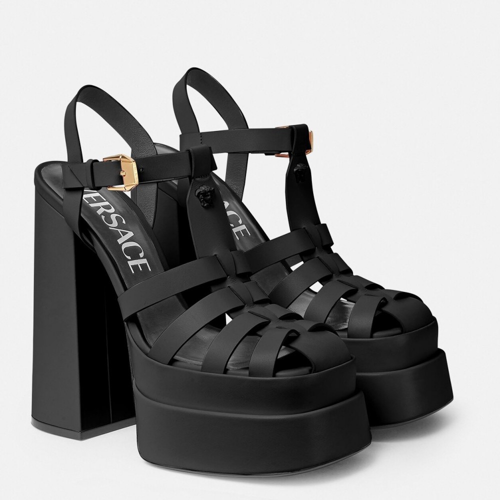 Versace La Medusa Platform Sandals In Black Calfskin TDSS14425