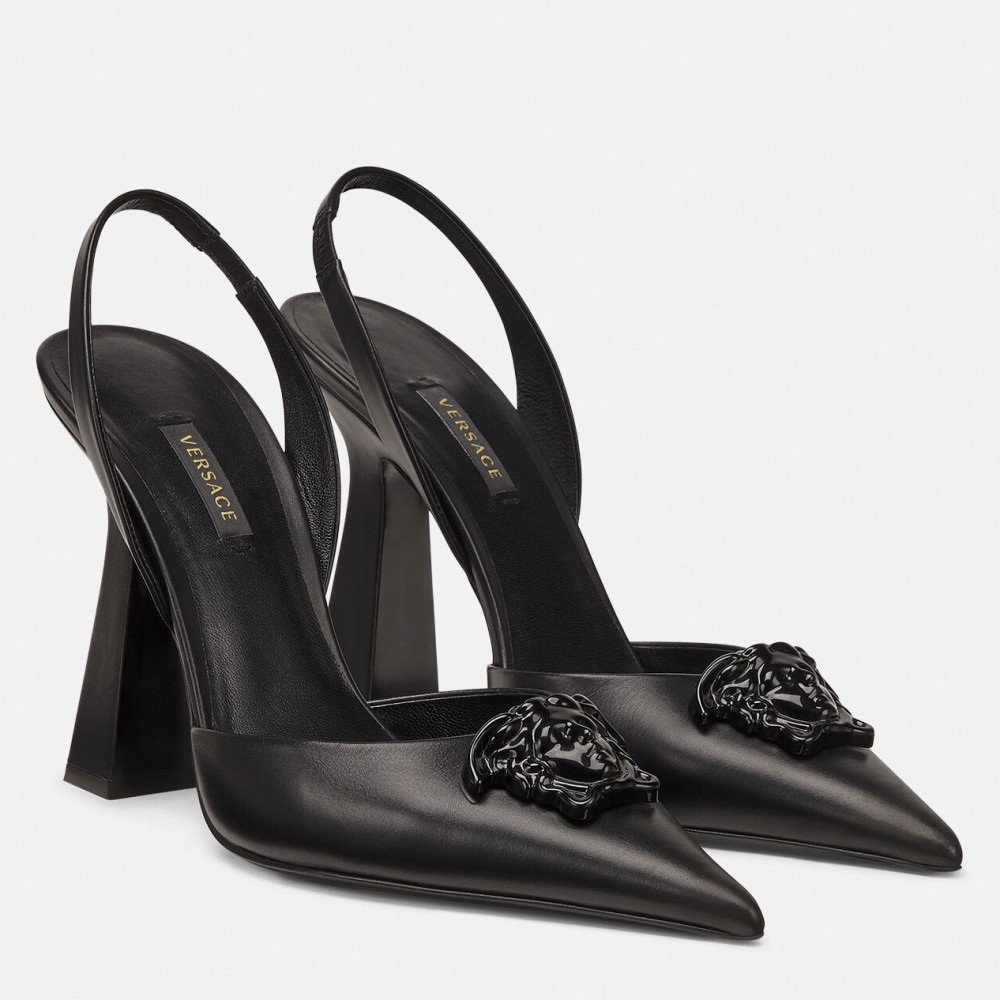 Versace La Medusa Slingback Pumps In Black Leather TDSS14432