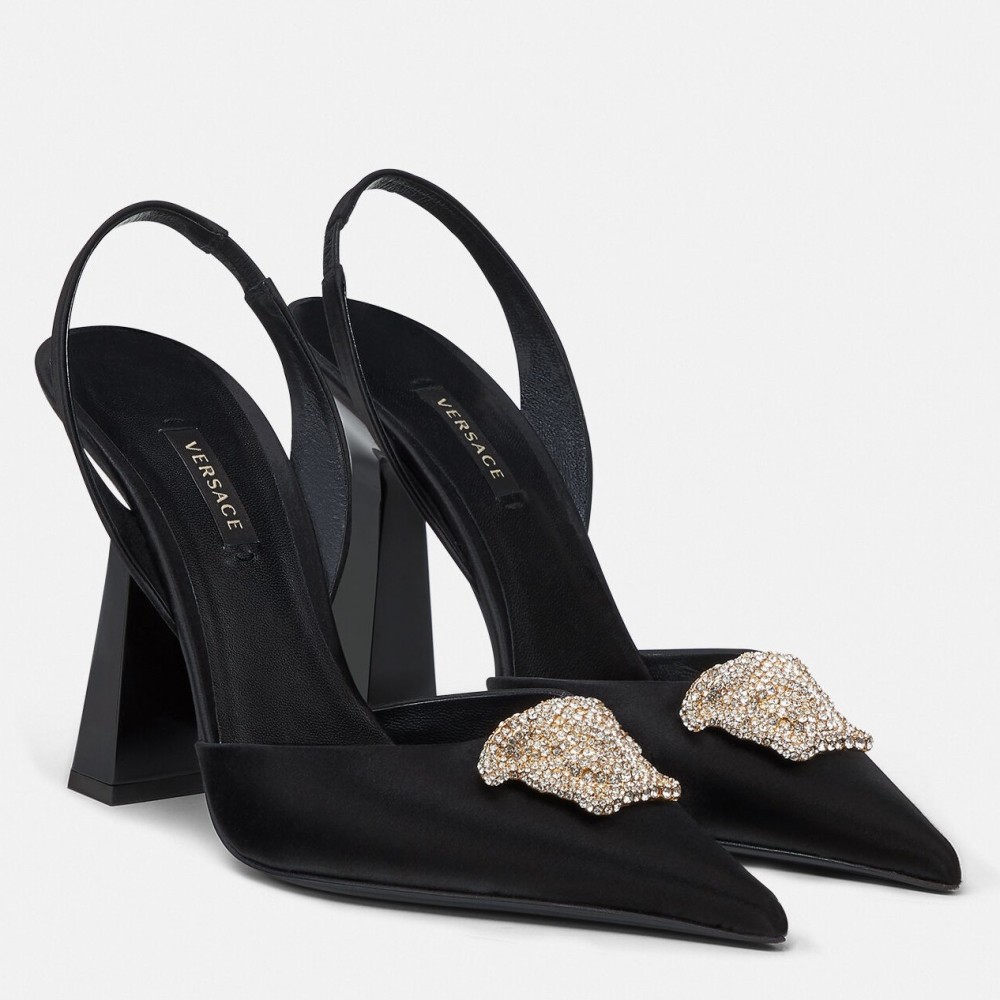 Versace La Medusa Slingback Pumps In Black Satin TDSS14433