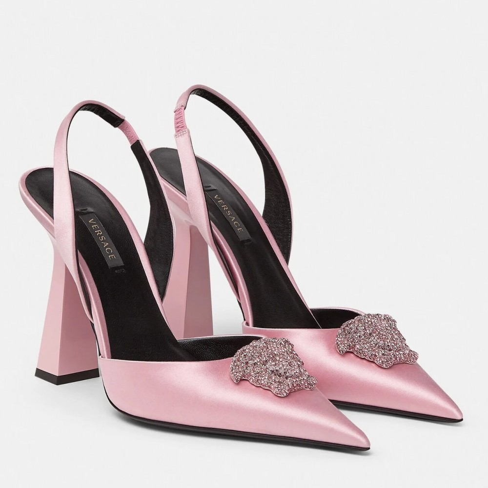 Versace La Medusa Slingback Pumps In Pink Satin TDSS14434