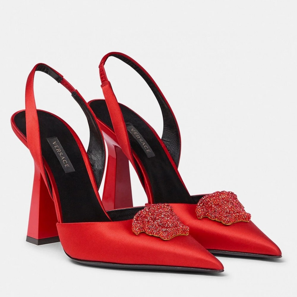 Versace La Medusa Slingback Pumps In Red Satin TDSS14436