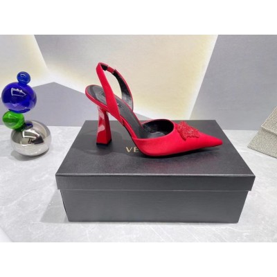 Versace La Medusa Slingback Pumps In Red Satin TDSS14436